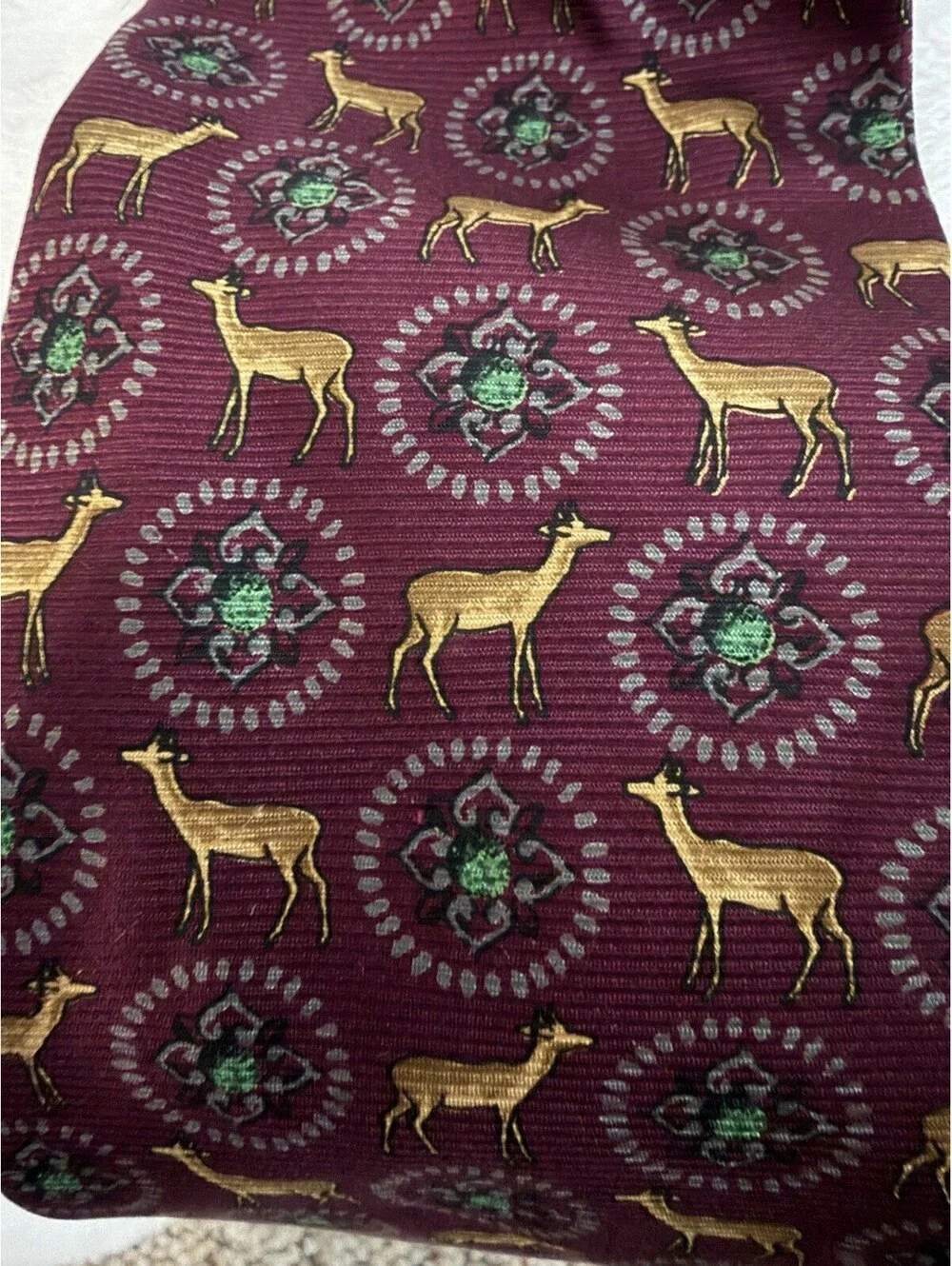 Vintage Christian Dior Monsieur 100% Silk Tie Burgandy Deer Stag Hunting